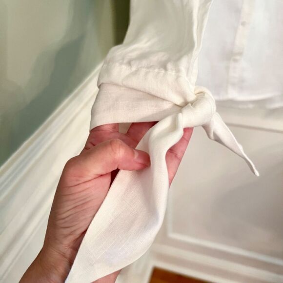 EEUC‎ Saks Fifth Avenue White Linen Button Front Shirt Top blouse Tie Cuff SMALL - Picture 2 of 5